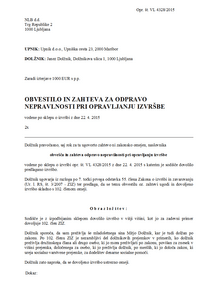 Zahteva za odpravo nepravilnosti pri opravljanju izvršbe zaradi preživljanja družinskih članov ali oseb, ki jih je dolžnik dolžan preživljati